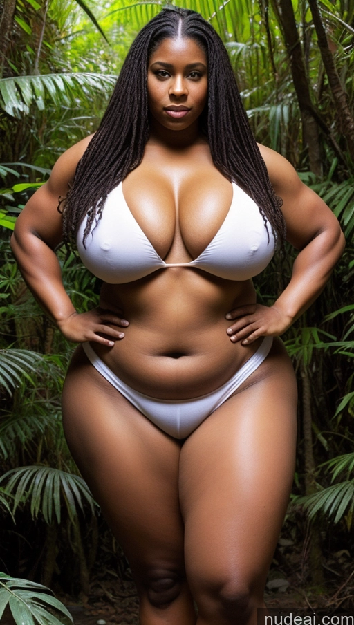 ai nude image of arafed woman in a white bikini posing in a jungle pics of Huge Boobs Big Ass Abs Chubby Fairer Skin Long Hair Muscular Jungle Tribal Black