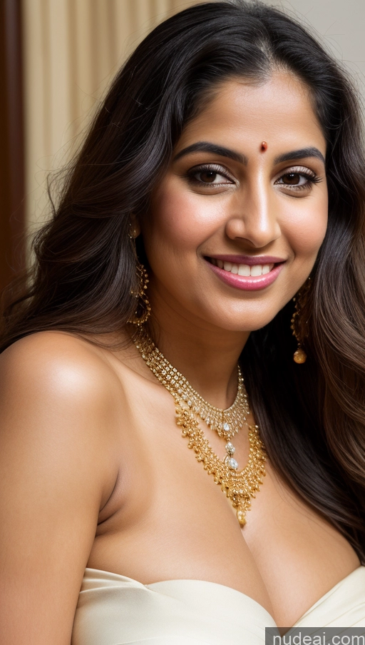 ai nude image of smiling woman in a white dress with a gold necklace and earrings pics of Woman Busty Huge Boobs Beautiful Big Ass Fairer Skin 50s Happy Seductive Long Hair Black Hair Skin Detail (beta) Jewelry Gold Jewelry Bright Lighting Close-up View Sari Traditional Middle Eastern