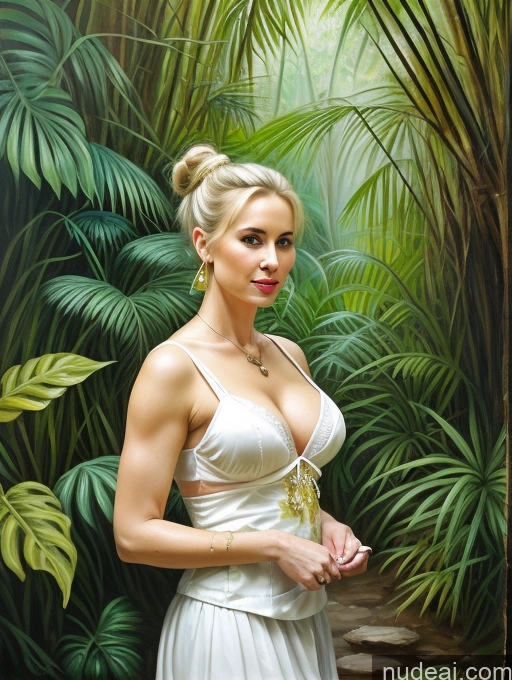 ai nude image of painting of a woman in a white dress standing in front of a jungle pics of Milf Small Tits Hair Bun Jungle Traditional Painting Fairer Skin Blonde British