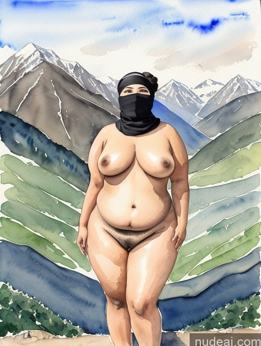 ai nude image of painting of a woman with a black mask and a black top pics of Milf Hair Bun Mountains Asian Nude Dark Skin 30s Watercolor Black Hair Niqab Fat Big Hips Big Ass