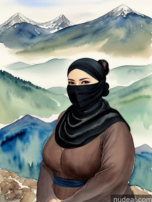 ai nude image of painting of a woman in a black hijab sitting on a rock pics of Milf Hair Bun Mountains Asian Dark Skin 30s Watercolor Black Hair Niqab Fat Big Hips Big Ass