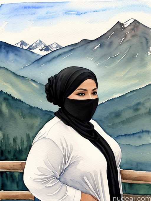 ai nude image of painting of a woman wearing a black scarf and a white shirt pics of Milf Hair Bun Mountains Asian Dark Skin 30s Watercolor Black Hair Niqab Fat Big Hips Big Ass