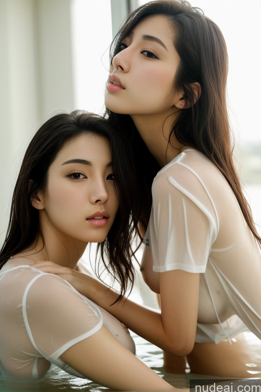 ai nude image of two asian women in a pool of water posing for a picture pics of Small Tits Beautiful Fairer Skin Perfect Body Skinny 18 Black Hair Long Hair Korean Spreading Legs Wet T-Shirt No Panties?