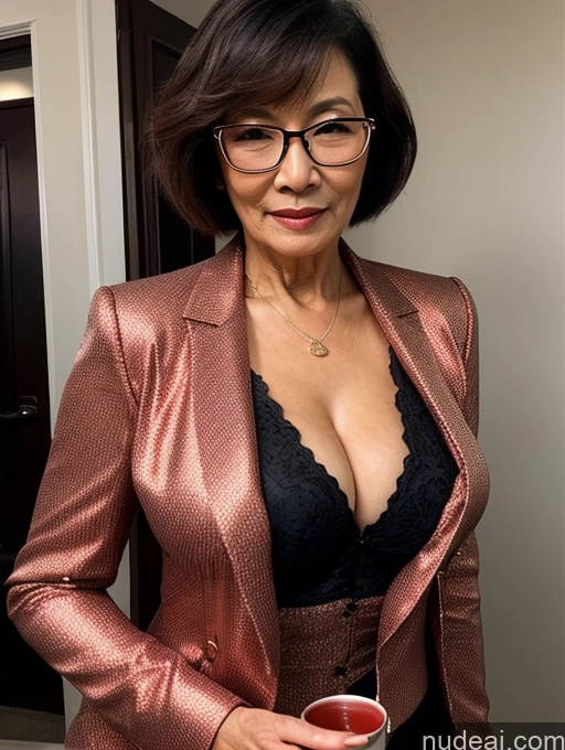 ai nude image of there is a woman in a pink suit holding a cup pics of Milf Perfect Boobs Beautiful Glasses Perfect Body 70s Pixie Chinese Party Blouse Bra Jacket Stylish Suit Cleavage Dark Lighting Detailed