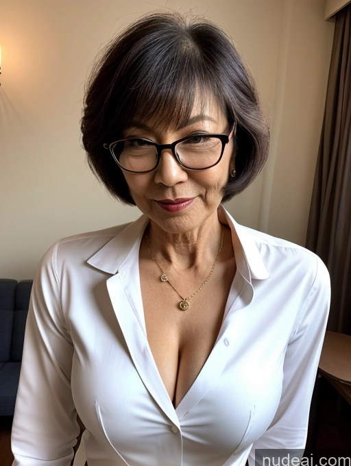 ai nude image of there is a woman with glasses and a white shirt posing for a picture pics of Milf Several Perfect Boobs Beautiful Glasses Perfect Body Pubic Hair Short Hair 70s Japanese Party Blouse Bra Casual Jacket Professor Secretary Shirt Stylish Suit Cleavage Partially Nude Dark Lighting Detailed Sexy Face