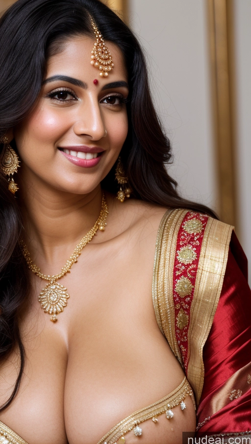 ai nude image of araffed woman in a red and gold sari posing for a picture pics of Woman Busty Huge Boobs Beautiful Big Ass Fairer Skin 50s Happy Seductive Long Hair Black Hair Skin Detail (beta) Jewelry Gold Jewelry Bright Lighting Close-up View Sari Traditional Middle Eastern