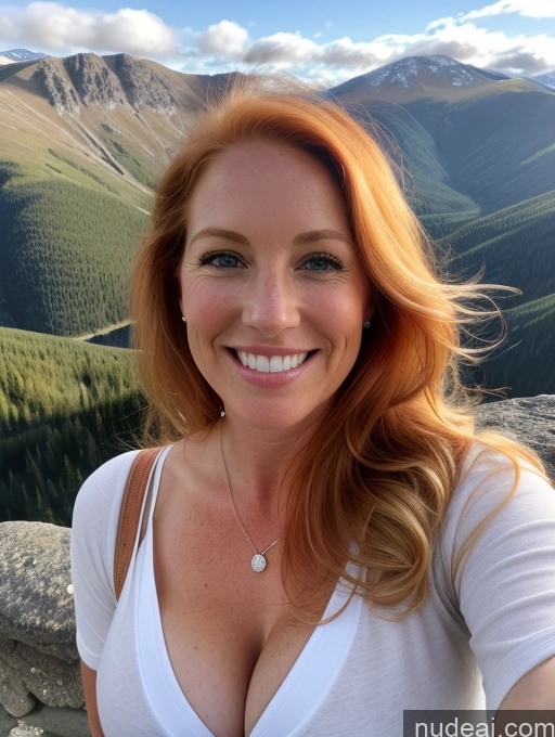 ai nude image of smiling woman with red hair and a white shirt on a mountain pics of Model One Perfect Boobs 40s Happy Mountains Front View Jeans Shirt Long Hair Cleavage Blonde Irish