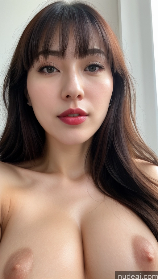 ai nude image of a close up of a woman with a very big breast pics of Woman One Lipstick Black Hair Simple Detailed Close-up View Fairer Skin Huge Boobs Beautiful 30s Bangs Korean