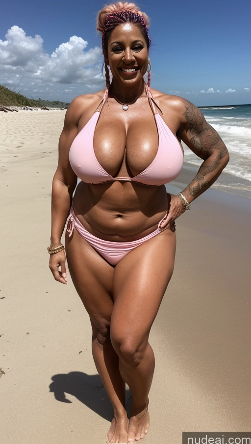 ai nude image of arafed woman in a pink bikini posing on the beach pics of Milf Busty Beautiful Tattoos Muscular Big Ass Abs Thick Big Hips Tall Dark Skin 50s Indian Beach Front View T-pose Bikini Dark Lighting Sexy Face Long Skirt Laughing Braided Huge Boobs Pink Hair