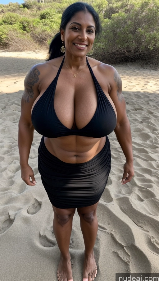 ai nude image of arafed woman in a black bikini posing on a beach pics of Milf Busty Beautiful Tattoos Muscular Big Ass Thick Big Hips Tall Dark Skin 50s Laughing Indian Beach Front View T-pose Bikini Dark Lighting Sexy Face Huge Boobs Abs Ponytail Black Hair Long Skirt