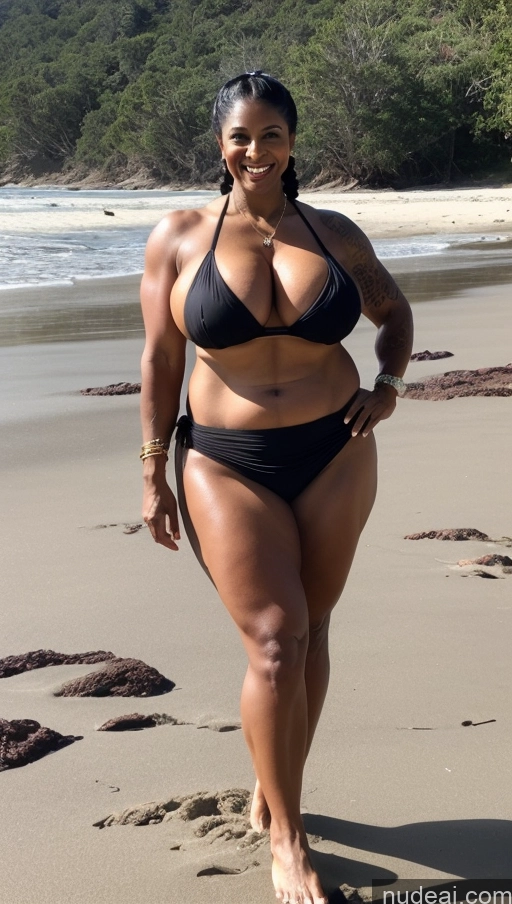 ai nude image of araffe woman in a black bikini walking on a beach pics of Milf Busty Beautiful Tattoos Muscular Big Ass Thick Big Hips Tall Dark Skin 50s Laughing Indian Beach Front View T-pose Bikini Dark Lighting Sexy Face Huge Boobs Abs Long Skirt Black Hair Pigtails