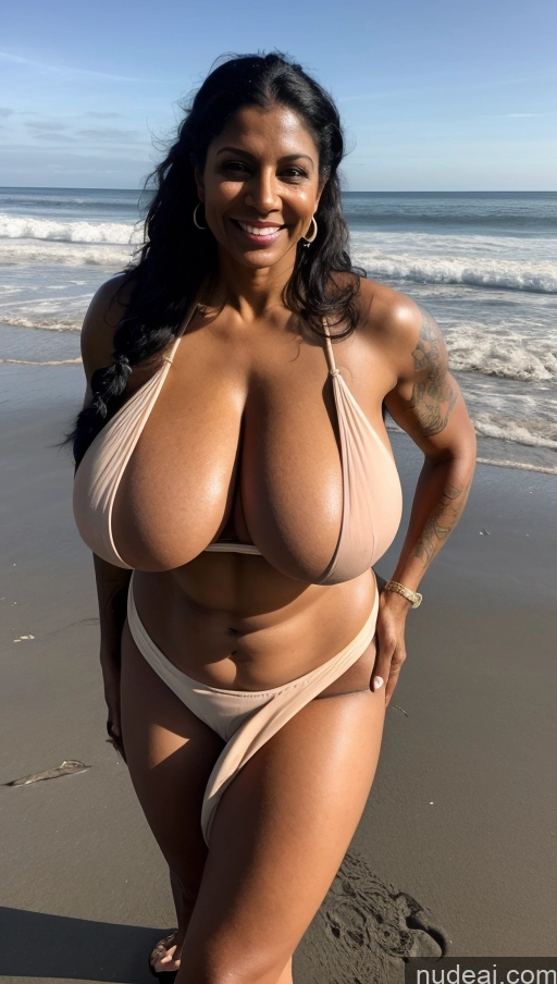 ai nude image of arafed woman in a bikini posing on the beach pics of Milf Busty Beautiful Tattoos Muscular Big Ass Thick Big Hips Tall Dark Skin 50s Laughing Indian Beach Front View T-pose Bikini Dark Lighting Sexy Face Huge Boobs Abs Long Skirt Pigtails Black Hair