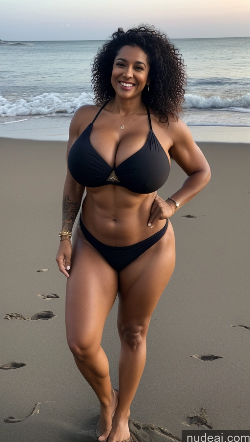 ai nude image of arafed woman in a black bikini standing on a beach pics of Milf Busty Beautiful Tattoos Muscular Big Ass Thick Big Hips Tall Dark Skin 50s Laughing Indian Beach Front View T-pose Bikini Dark Lighting Sexy Face Huge Boobs Abs Black Hair Curly Hair Long Skirt