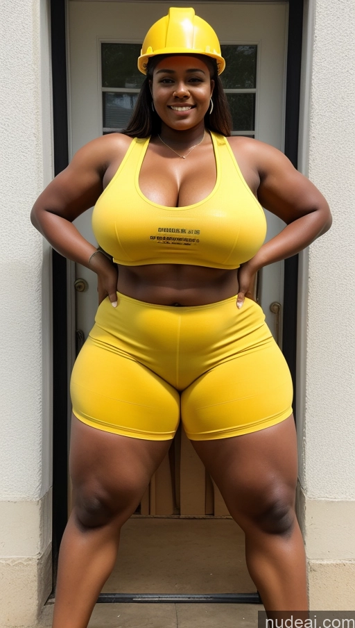 ai nude image of arafed woman in a yellow top and shorts posing for a picture pics of Huge Boobs Muscular Big Ass Abs Chubby 18 Straight Ethiopian Construction Worker