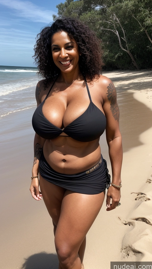 ai nude image of araffe woman in a black bikini standing on a beach pics of Milf Busty Beautiful Tattoos Muscular Big Ass Thick Big Hips Tall Dark Skin 50s Laughing Indian Beach Front View T-pose Bikini Dark Lighting Sexy Face Huge Boobs Abs Black Hair Curly Hair Long Skirt