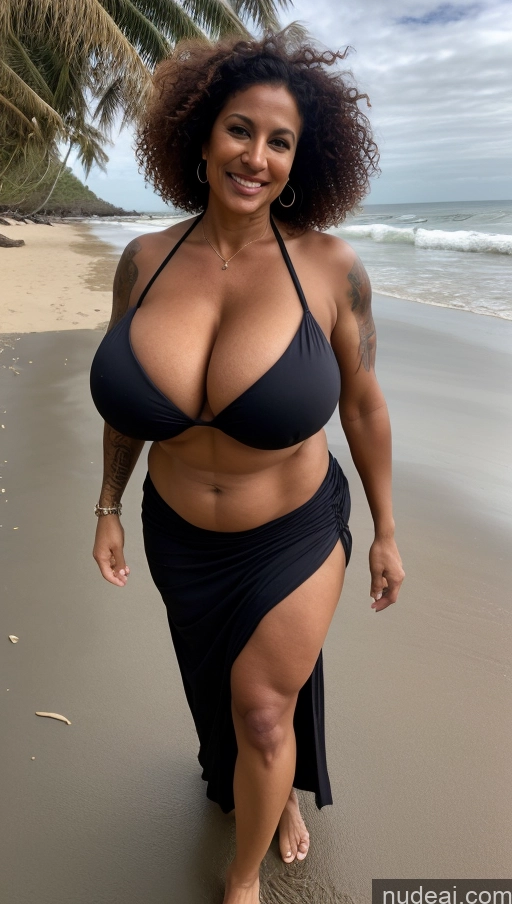 ai nude image of arafed woman in a black bikini walking on a beach pics of Milf Busty Beautiful Tattoos Muscular Big Ass Thick Big Hips Tall Dark Skin 50s Laughing Indian Beach Front View T-pose Bikini Dark Lighting Sexy Face Huge Boobs Abs Curly Hair Long Skirt Ginger