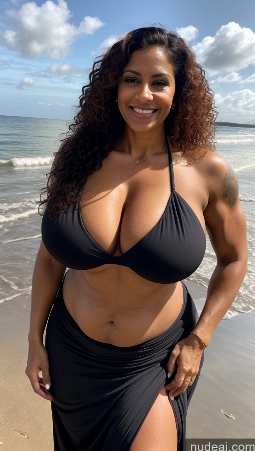 ai nude image of arafed woman in a black bikini posing on the beach pics of Milf Busty Beautiful Tattoos Muscular Big Ass Thick Big Hips Tall Dark Skin 50s Laughing Indian Beach Front View T-pose Bikini Dark Lighting Sexy Face Huge Boobs Abs Curly Hair Long Skirt Ginger