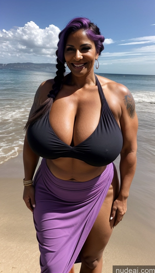 ai nude image of arafed woman in a purple skirt on the beach pics of Milf Busty Beautiful Tattoos Muscular Big Ass Thick Big Hips Tall Dark Skin 50s Laughing Indian Beach Front View T-pose Bikini Dark Lighting Sexy Face Huge Boobs Abs Braided Purple Hair Long Skirt