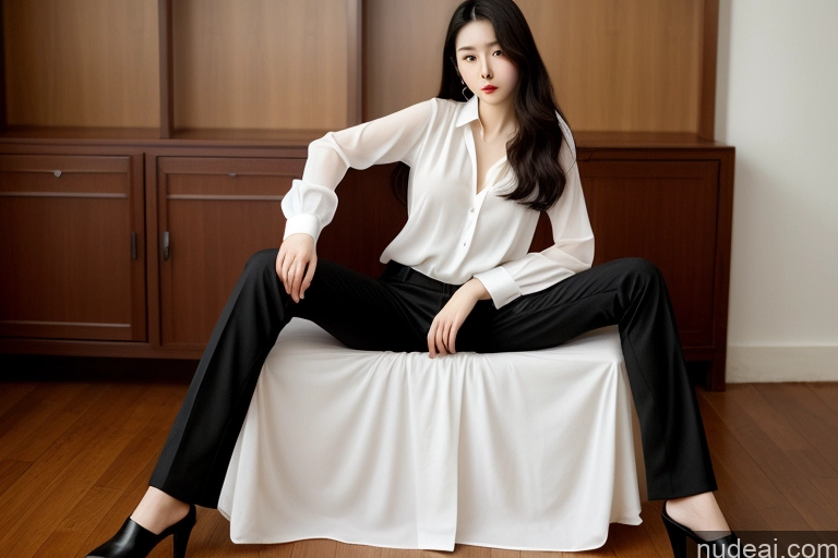 ai nude image of arafed woman sitting on a bed in a white shirt and black pants pics of Small Tits Beautiful Skinny Fairer Skin Korean Long Hair Black Hair 18 Blouse