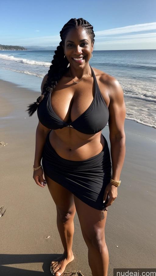 ai nude image of arafed woman in a black bikini standing on a beach pics of Milf Busty Beautiful Tattoos Muscular Big Ass Thick Big Hips Tall Dark Skin 50s Laughing Indian Beach Front View T-pose Bikini Dark Lighting Sexy Face Huge Boobs Abs Braided Black Hair Long Skirt