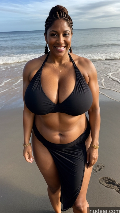 ai nude image of arafed woman in a black bikini walking on the beach pics of Milf Busty Beautiful Tattoos Muscular Big Ass Thick Big Hips Tall Dark Skin 50s Laughing Indian Beach Front View T-pose Bikini Dark Lighting Sexy Face Huge Boobs Braided Long Skirt Ginger Fat