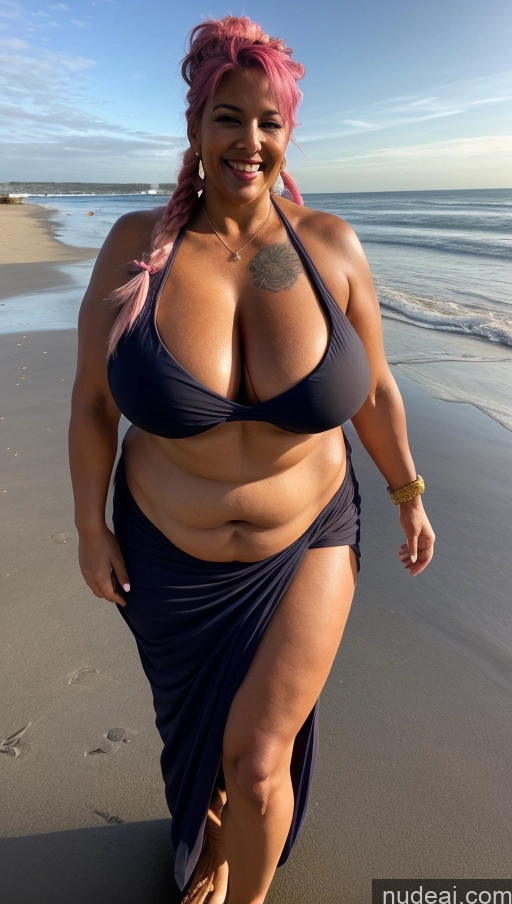 ai nude image of arafed woman in a bikini walking on the beach pics of Milf Busty Beautiful Tattoos Muscular Big Ass Thick Big Hips Tall Dark Skin 50s Laughing Indian Beach Front View T-pose Bikini Dark Lighting Sexy Face Huge Boobs Long Skirt Fat Braided Pink Hair