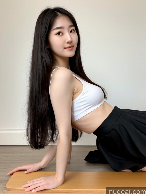 ai nude image of there is a woman that is sitting on a mat with a skirt pics of Small Tits Beautiful Skinny Fairer Skin Korean Long Hair Black Hair 18 Plank Micro Skirt Side View