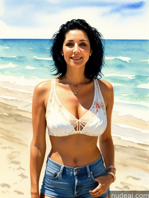 ai nude image of there is a woman standing on the beach with a white bra top pics of Short Skinny Long Hair Beach Watercolor Front View 90s Black Hair Milf