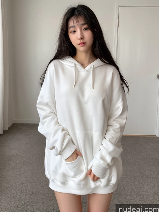 ai nude image of arafed woman in a white hoodie standing in a room pics of Small Tits Beautiful Skinny Fairer Skin 18 Black Hair Long Hair Korean Front View Spreading Legs Oversized Sweater/Hoodie