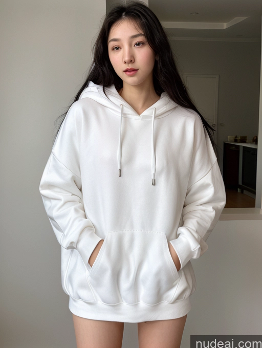 ai nude image of arafed woman in a white hoodie standing in a room pics of Small Tits Beautiful Skinny Fairer Skin 18 Black Hair Long Hair Korean Front View Spreading Legs Oversized Sweater/Hoodie