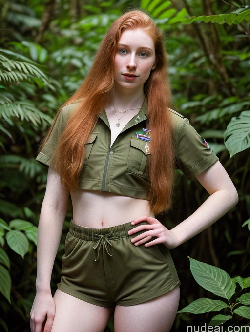 ai nude image of arafed woman in a green uniform posing for a picture pics of Woman Jungle Fairer Skin 18 Long Hair Short Shorts Ginger Military Crop Top