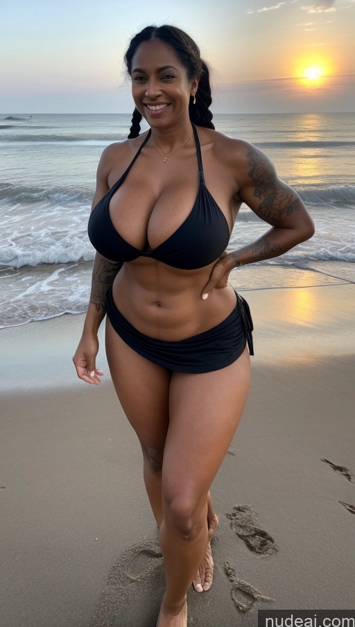 ai nude image of arafed woman in a black bikini standing on a beach pics of Milf Busty Huge Boobs Beautiful Tattoos Muscular Big Ass Thick Big Hips Tall Dark Skin 50s Laughing Braided Indian Beach Front View T-pose Bikini Long Skirt Dark Lighting Sexy Face Abs Black Hair