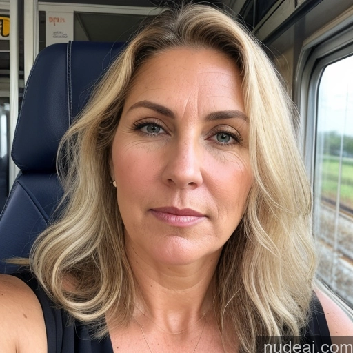 ai nude image of blond woman with blue eyes on a train looking out the window pics of Thick Chubby Serious Blonde Messy White Skin Detail (beta) Train Front View Cumshot Detailed 50s Milf Blouse