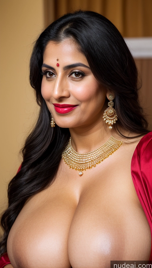 ai nude image of araffed woman with big breast posing for a picture pics of Woman Busty Huge Boobs Beautiful Lipstick Big Ass Fairer Skin 50s Happy Seductive Sexy Face Black Hair Long Hair Middle Eastern Skin Detail (beta) Close-up View Sari Traditional Jewelry Gold Jewelry Bright Lighting