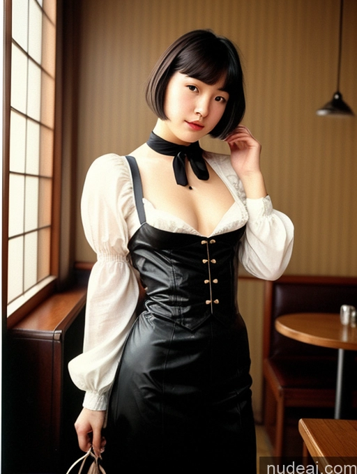 ai nude image of there is a woman in a black dress posing for a picture pics of Woman One Small Tits 18 Black Hair Short Hair Japanese Cafe Front View Cumshot Victorian 80s