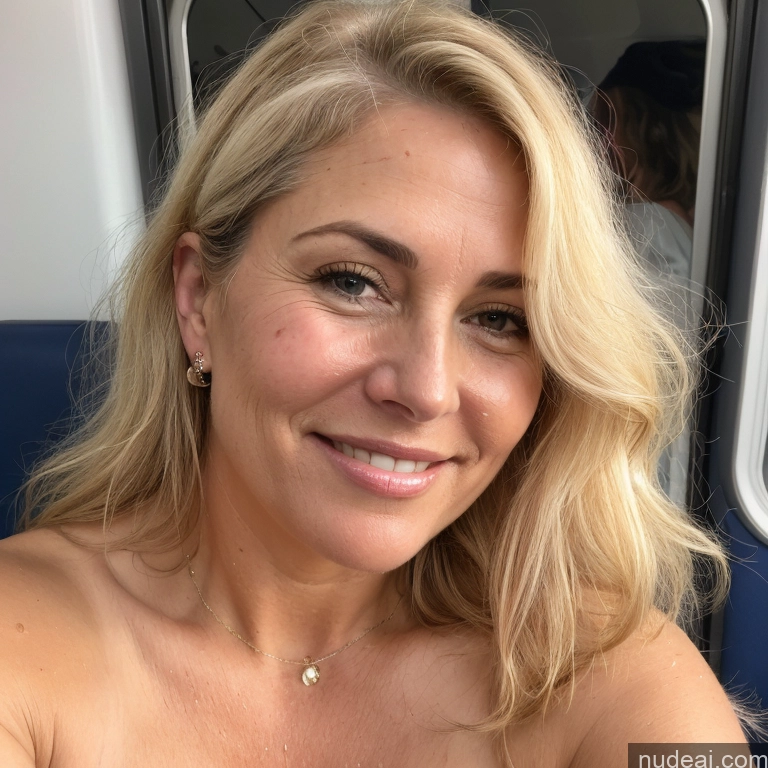 ai nude image of blond woman with a smile on her face sitting on a train pics of Milf Thick Chubby 50s Blonde Messy White Skin Detail (beta) Train Front View Cumshot Blouse Topless Detailed Happy