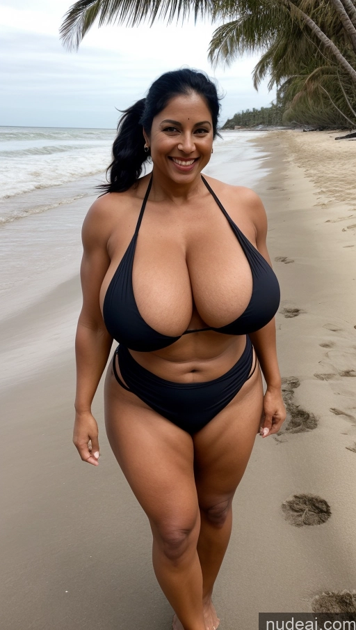 ai nude image of araffe woman in a black bikini walking on a beach pics of Milf Busty Beautiful Tattoos Muscular Big Ass Big Hips Tall Dark Skin Indian Beach Front View T-pose Dark Lighting Sexy Face 50s Happy Thick Huge Boobs Pigtails Black Hair Abs Bikini Long Skirt