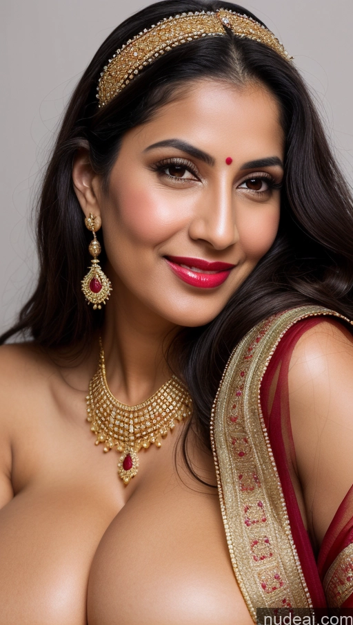 ai nude image of arafed woman in a sari posing for a picture pics of Woman Busty Huge Boobs Beautiful Lipstick Big Ass Fairer Skin 50s Happy Seductive Sexy Face Black Hair Long Hair Middle Eastern Skin Detail (beta) Close-up View Sari Traditional Jewelry Gold Jewelry Bright Lighting