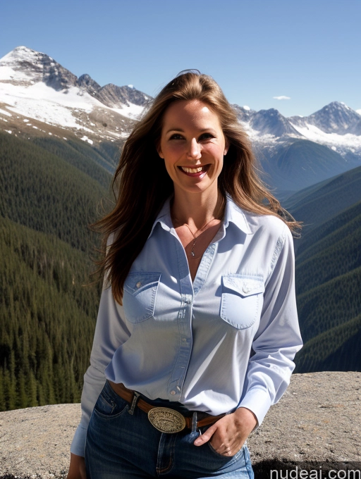 ai nude image of smiling woman in blue shirt and jeans standing on a rock pics of Model One 40s Happy Long Hair Mountains Front View Western Jeans Fairer Skin Perfect Boobs Brunette Shirt Swedish