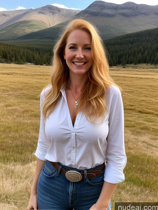 ai nude image of smiling woman in a white shirt and jeans standing in a field pics of Model One 40s Happy Long Hair Mountains Front View Western Jeans Fairer Skin Perfect Boobs Shirt Blonde Irish