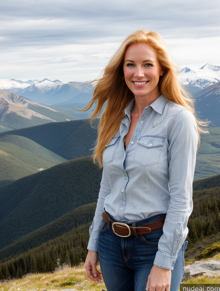 ai nude image of blond woman with long hair standing on a mountain top with mountains in the background pics of Model One 40s Happy Long Hair Mountains Front View Western Jeans Fairer Skin Perfect Boobs Shirt Blonde Irish