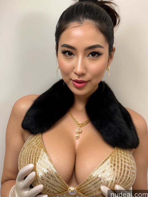 ai nude image of araffe woman in a gold dress and gloves posing for a picture pics of Perfect Boobs Big Hips Oiled Body Perfect Body Ahegao Black Hair Japanese Onsen Dress Gloves Cleavage Transparent Jewelry Pearl Jewelry Gold Jewelry Diamond Jewelry Fur Ponytail