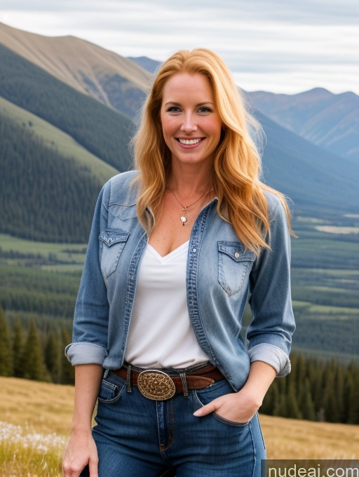 ai nude image of blonde woman in jeans and a white shirt standing in a field pics of Model One 40s Happy Long Hair Mountains Front View Western Jeans Fairer Skin Perfect Boobs Shirt Blonde Irish