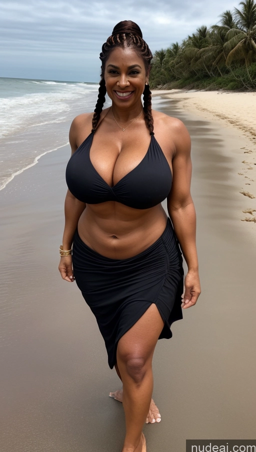 ai nude image of arafed woman in a black bikini walking on a beach pics of Milf Busty Huge Boobs Beautiful Tattoos Muscular Big Ass Thick Big Hips Tall Dark Skin 50s Laughing Braided Indian Beach Front View T-pose Bikini Dark Lighting Sexy Face Abs Ginger Long Skirt