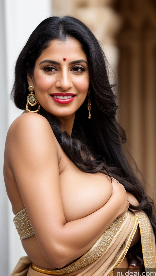 ai nude image of araffe woman in a sari posing for a picture pics of Woman Busty Huge Boobs Beautiful Lipstick Big Ass Fairer Skin 50s Happy Seductive Sexy Face Black Hair Long Hair Middle Eastern Skin Detail (beta) Sari Traditional Jewelry Gold Jewelry Bright Lighting Close-up View