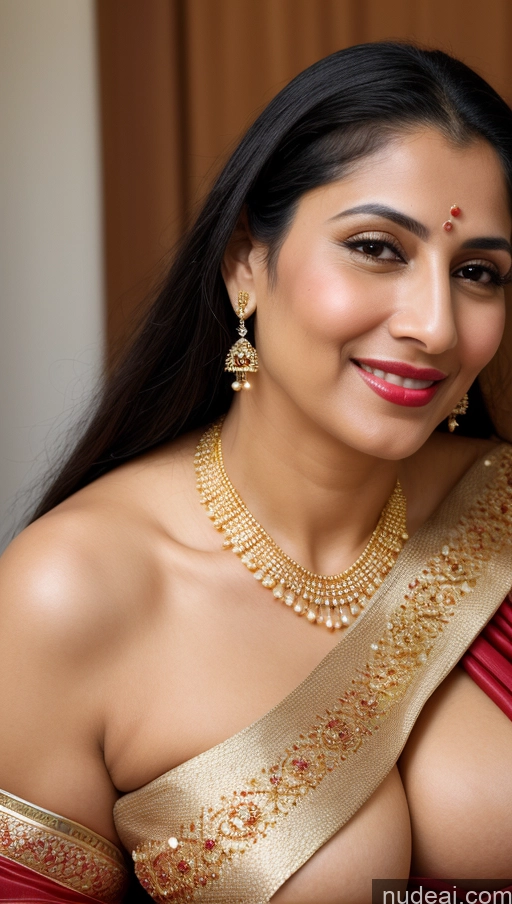 ai nude image of araffe woman in a sari posing for a picture pics of Woman Busty Huge Boobs Beautiful Lipstick Big Ass Fairer Skin 50s Happy Seductive Sexy Face Black Hair Long Hair Middle Eastern Skin Detail (beta) Sari Traditional Jewelry Gold Jewelry Bright Lighting Close-up View