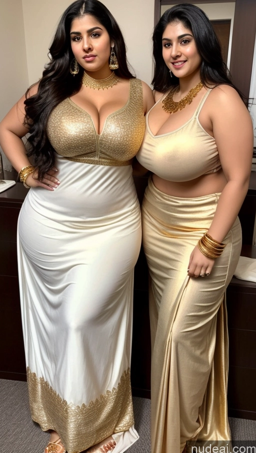 ai nude image of two women in gold dresses posing for a picture pics of Huge Boobs Big Ass Abs Chubby Fairer Skin Long Hair Indian 18 Black Hair Salwar Gold Jewelry