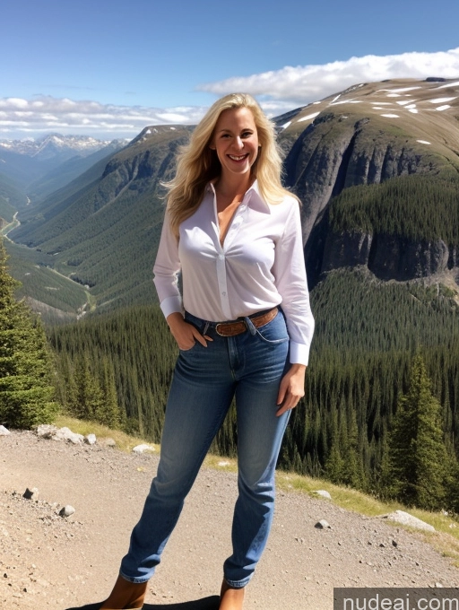 ai nude image of arafed woman standing on a mountain top with a valley in the background pics of Model One Perfect Boobs Small Tits 40s Happy Blonde Long Hair Front View Jeans Western Mountains Swedish Shirt Fairer Skin