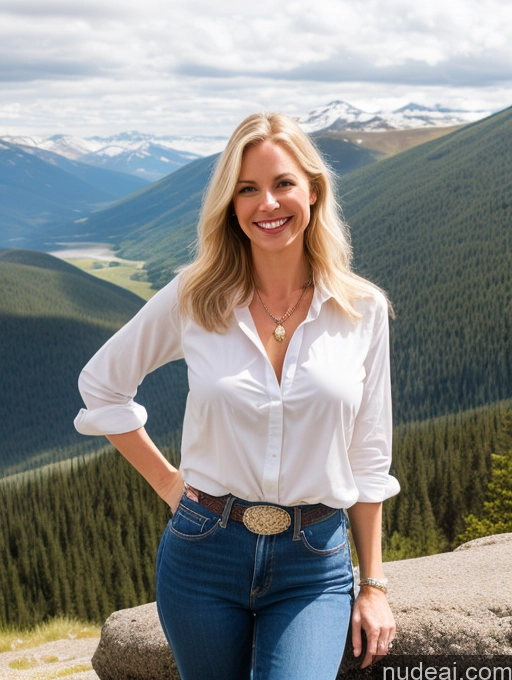 ai nude image of blonde woman in white shirt and jeans standing on a rock pics of Model One Perfect Boobs Small Tits 40s Happy Blonde Long Hair Front View Jeans Western Mountains Swedish Shirt Fairer Skin