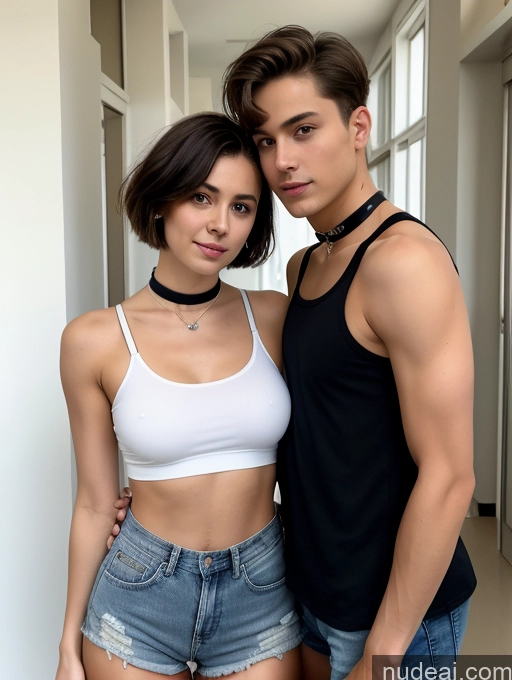 ai nude image of there are two people standing next to each other in a hallway pics of Perfect Boobs Beautiful Small Ass Skinny Abs School Hallway 18 Seductive Brunette Short Hair Choker Crop Top Daisy Dukes Fairer Skin French Woman + Man